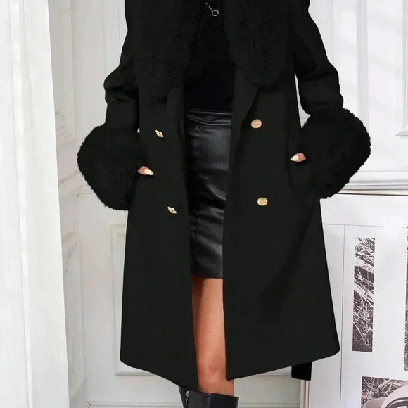 Black Elegant Women's Double-Breasted Belted Faux Fur Trimmed Wool Coat - Picture 4 of 7